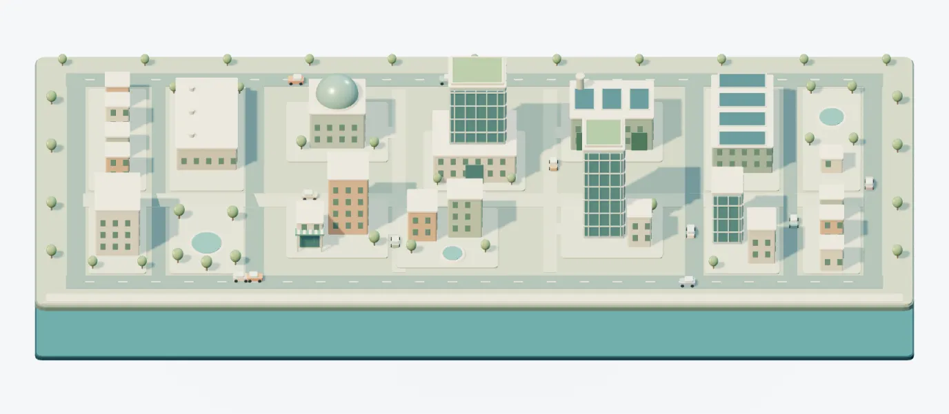 A connected city illustrating finance, revenue, operations, planning, workspaces and AI.